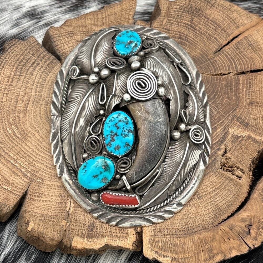 1970s MIKE THOMAS JR Navajo Sterling Turquoise Coral & Claw Belt Buckle Pendant
